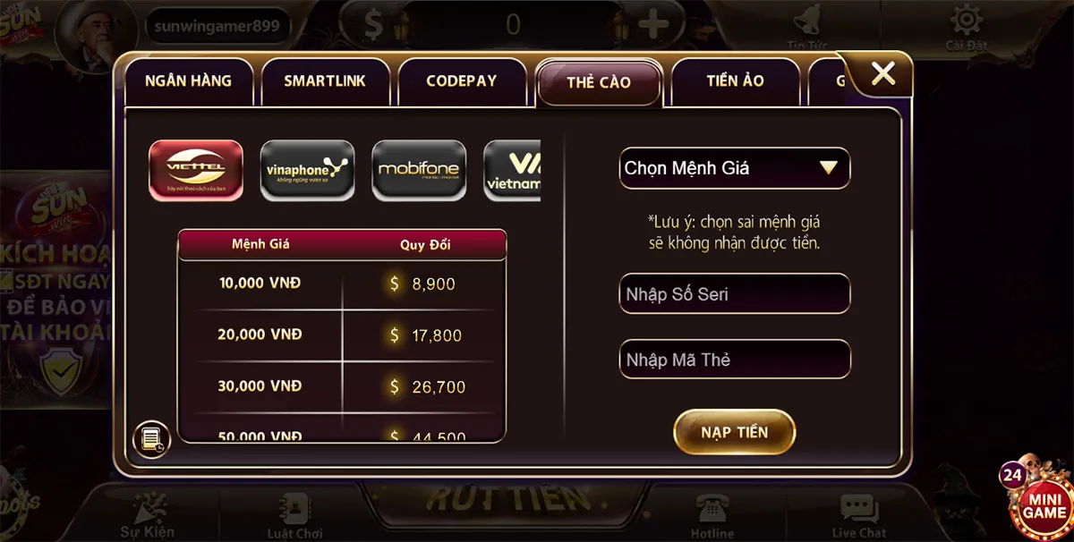 Nạp tiền sunwin qua thẻ cào được ưa chuộng bởi sự đơn giản